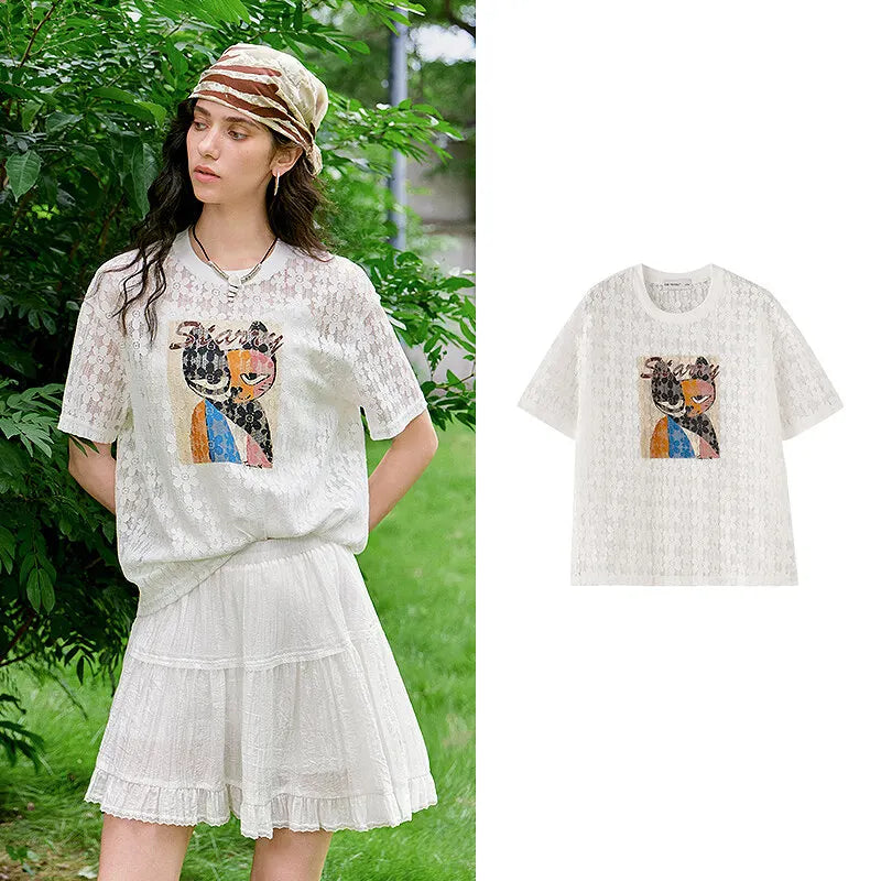 Cat-Graphic Lace Tee