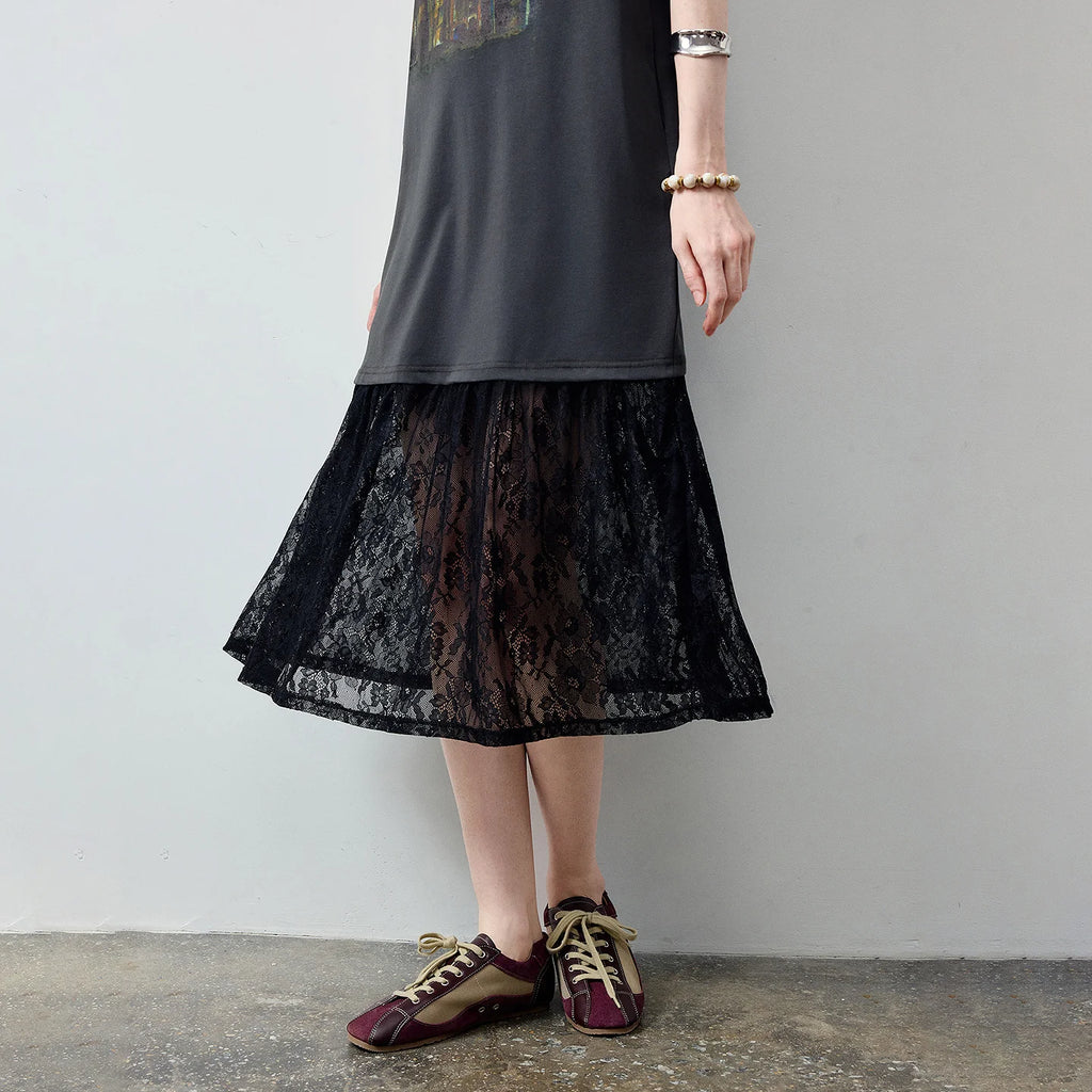Lace-Hem Graphic T-Shirt Dress