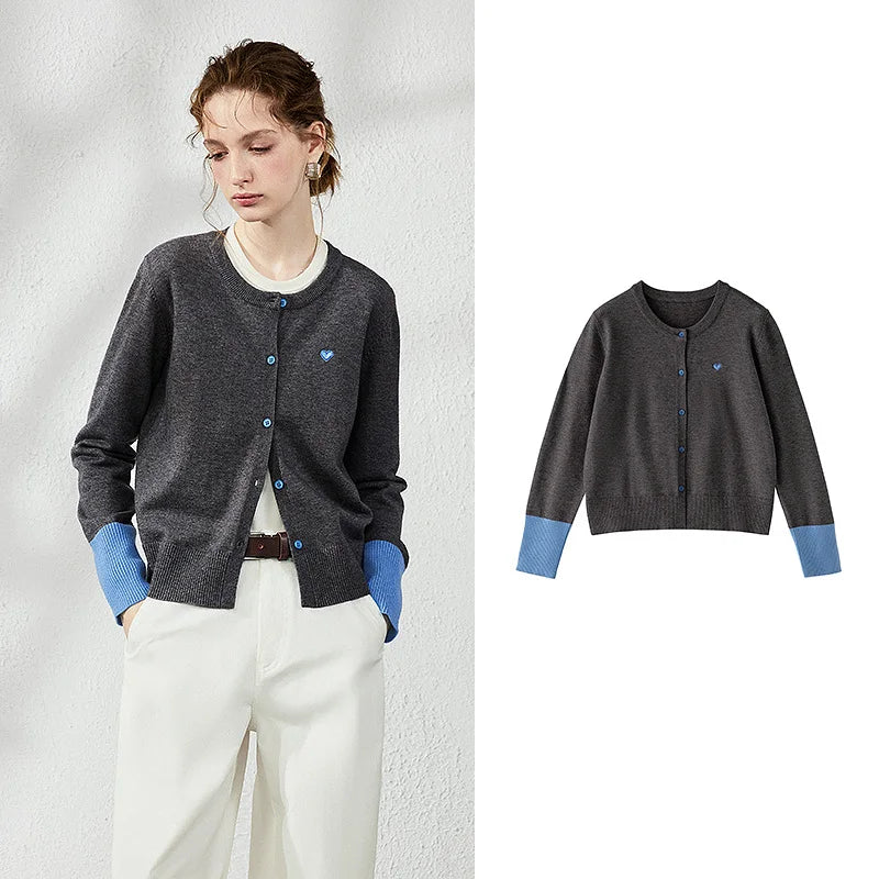 Contrast-Cuff Button-Up Cardigan