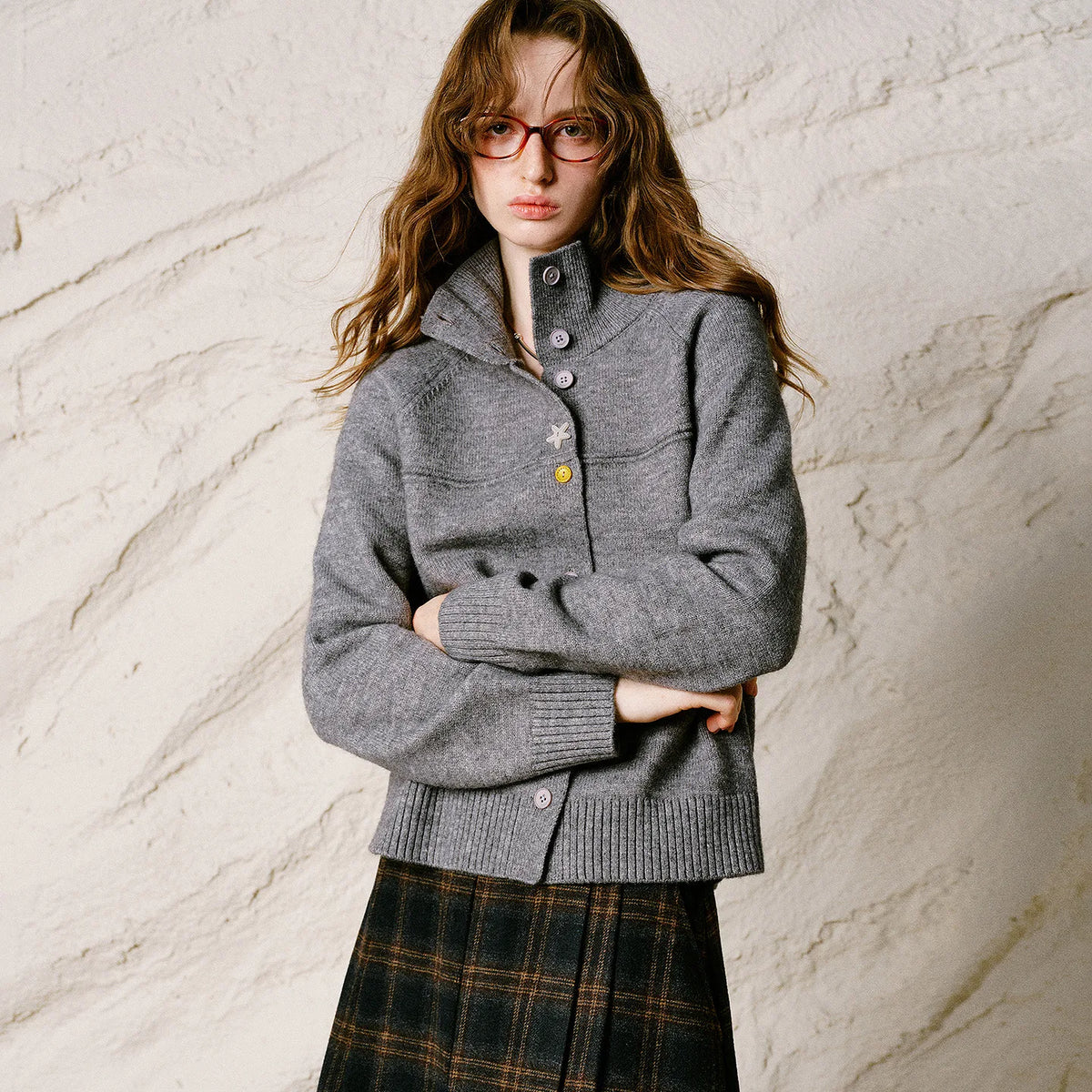 Contrast-Button Stand-Collar Cardigan