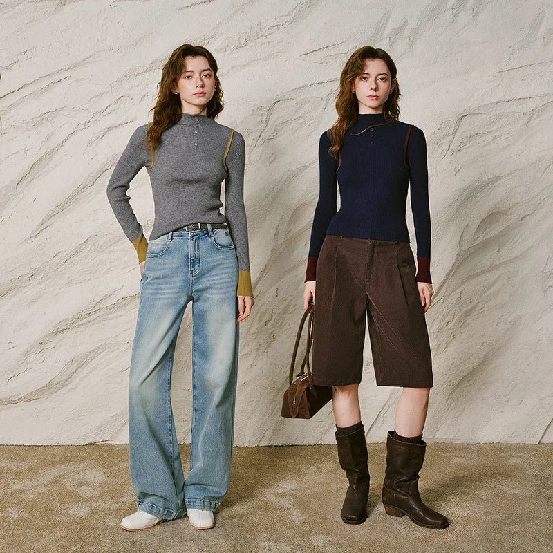 Contrast-Trim Ribbed Knit Henley