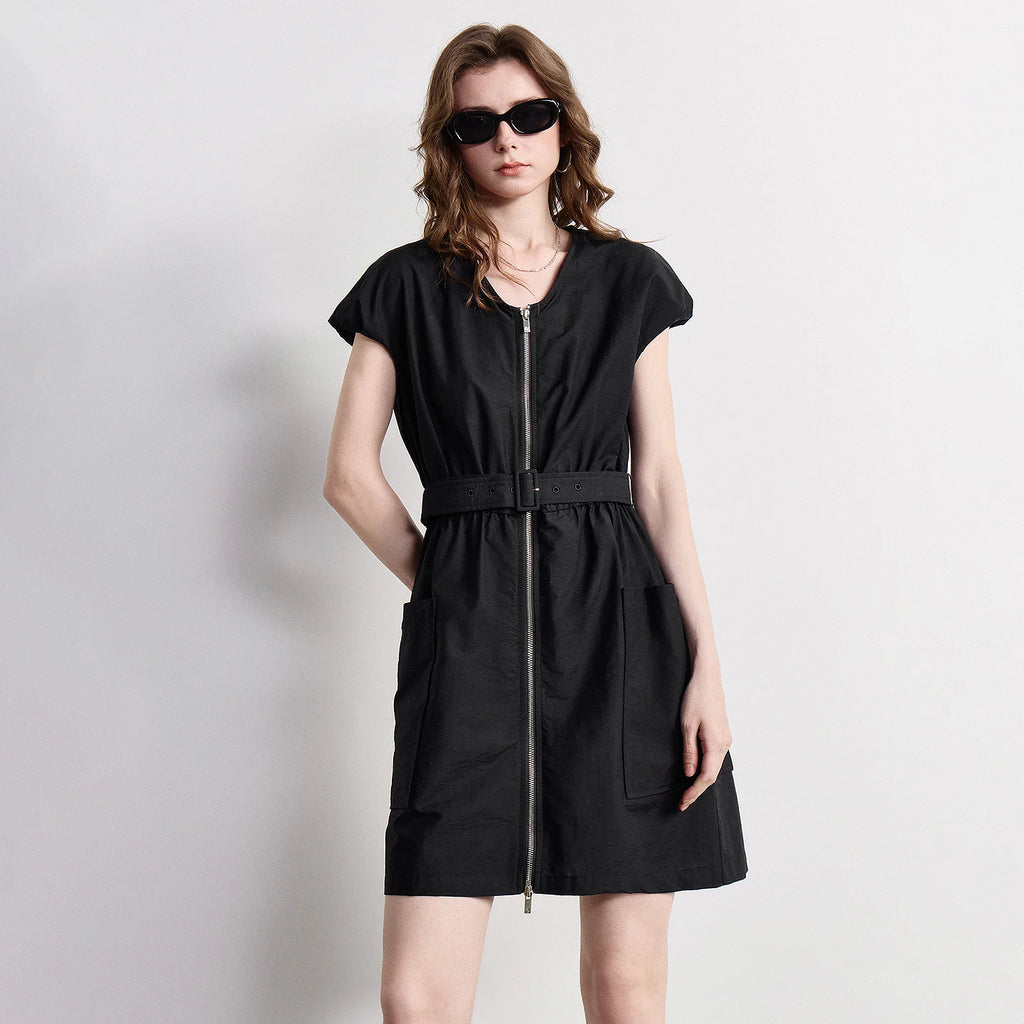 Zip-Front Belted Mini Dress