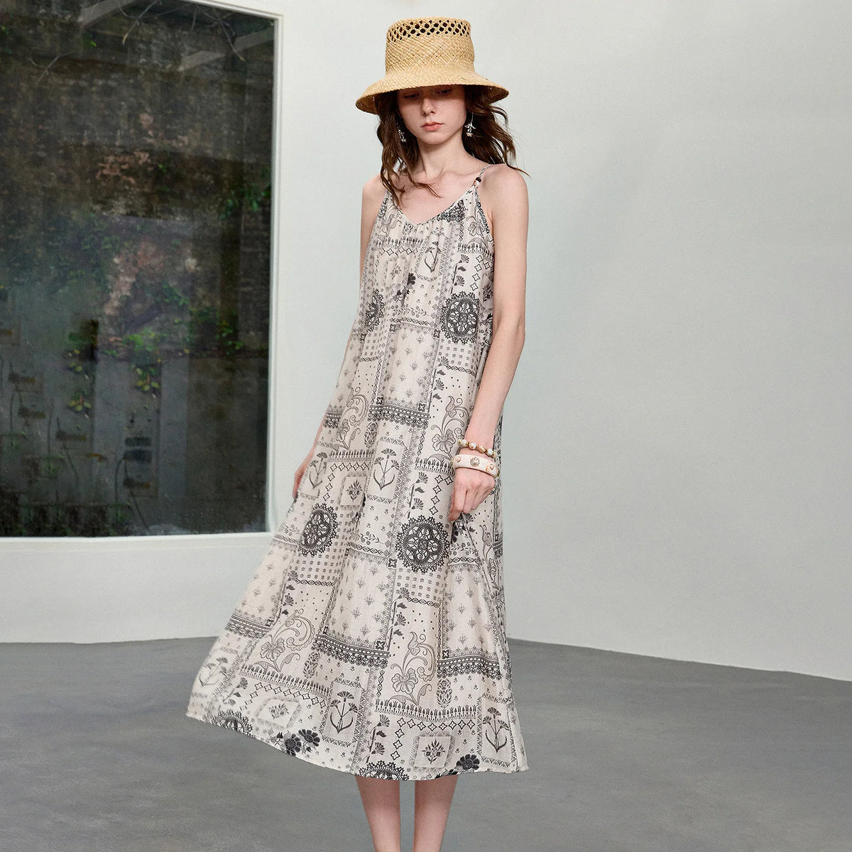 Patchwork-Print Sleeveless Midi Dress