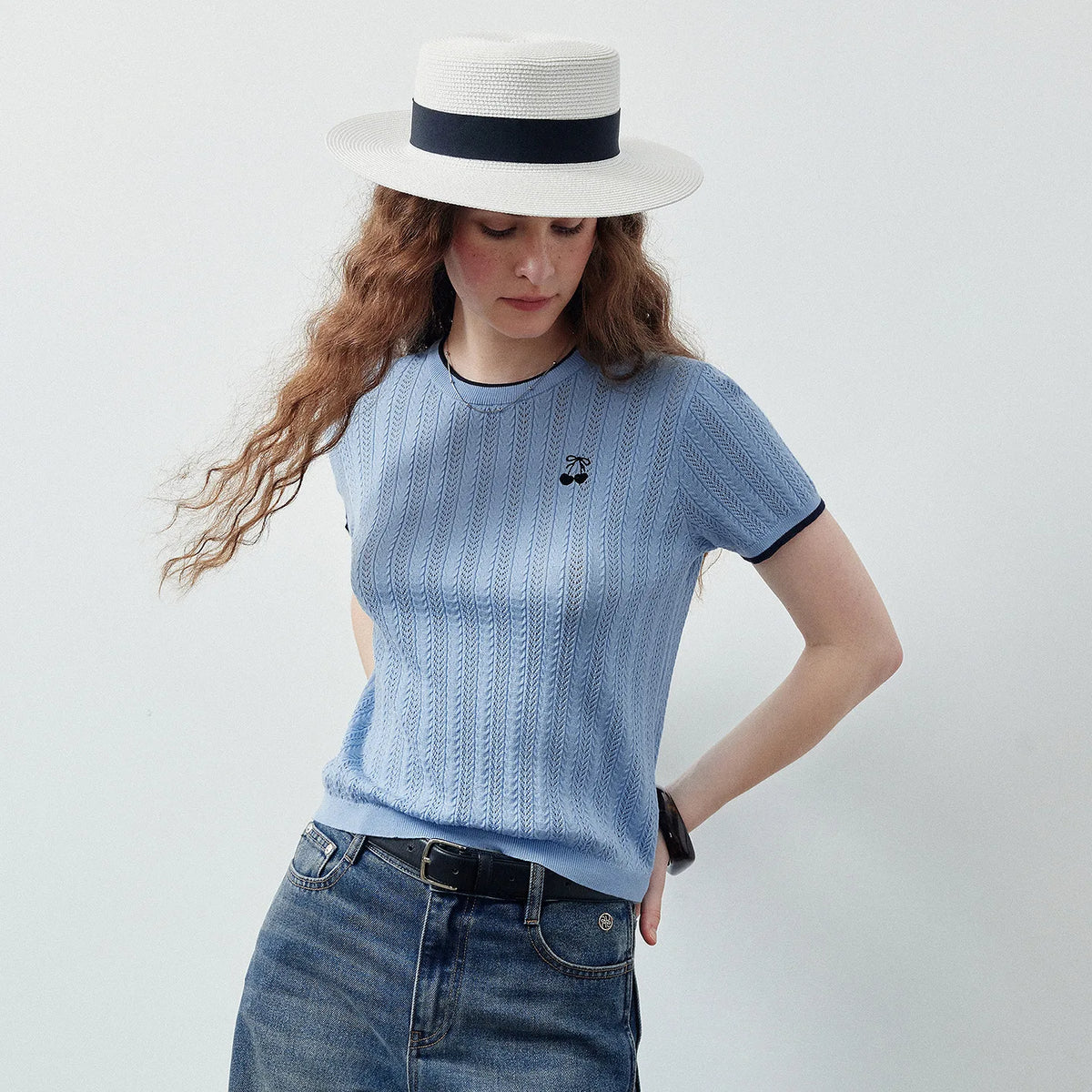 Cable-Knit Contrast-Trim Tee