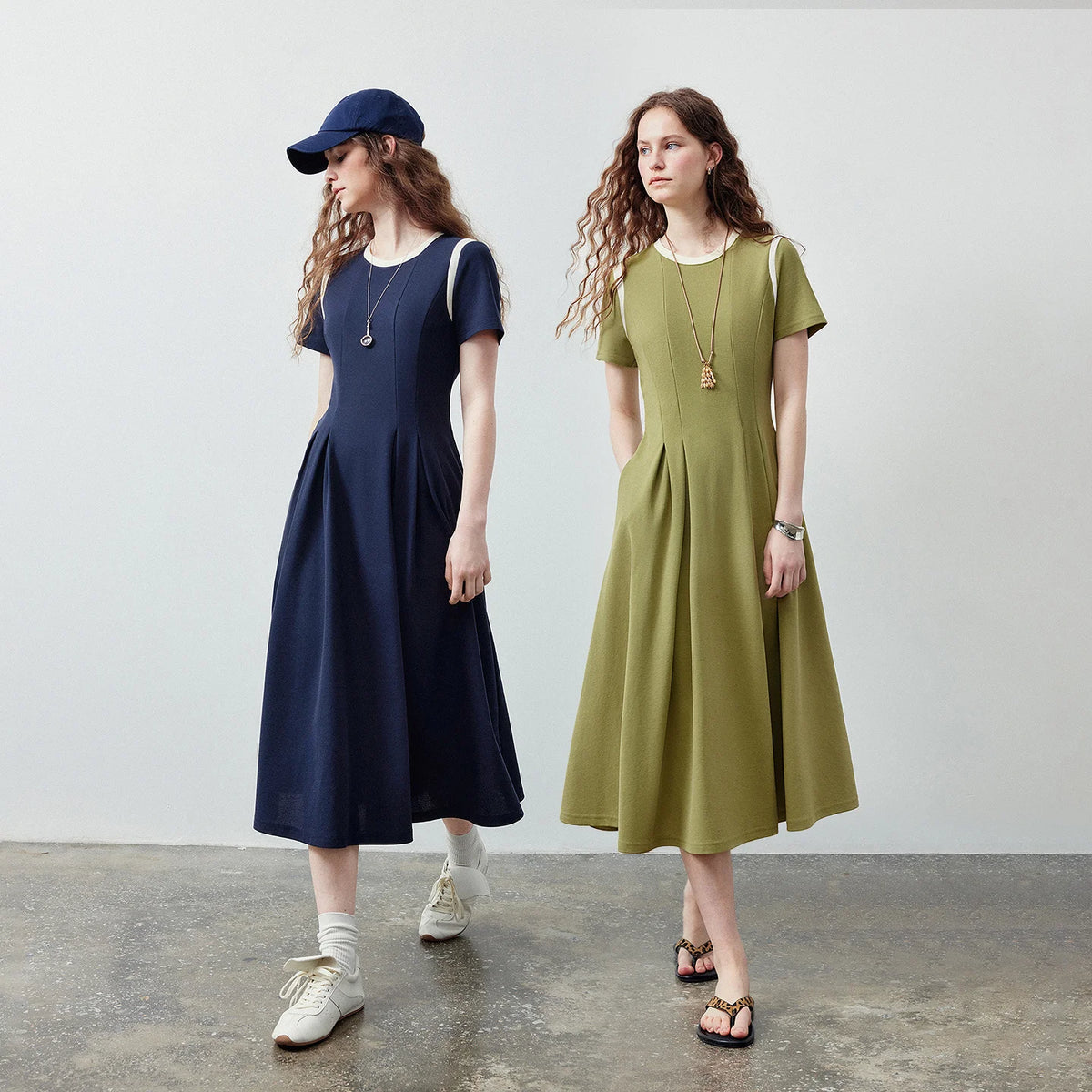Short-Sleeve Pleated Midi Dress