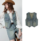 Cropped Denim Button-Front Vest