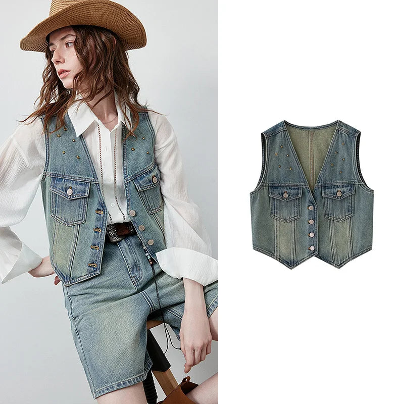 Cropped Denim Button-Front Vest