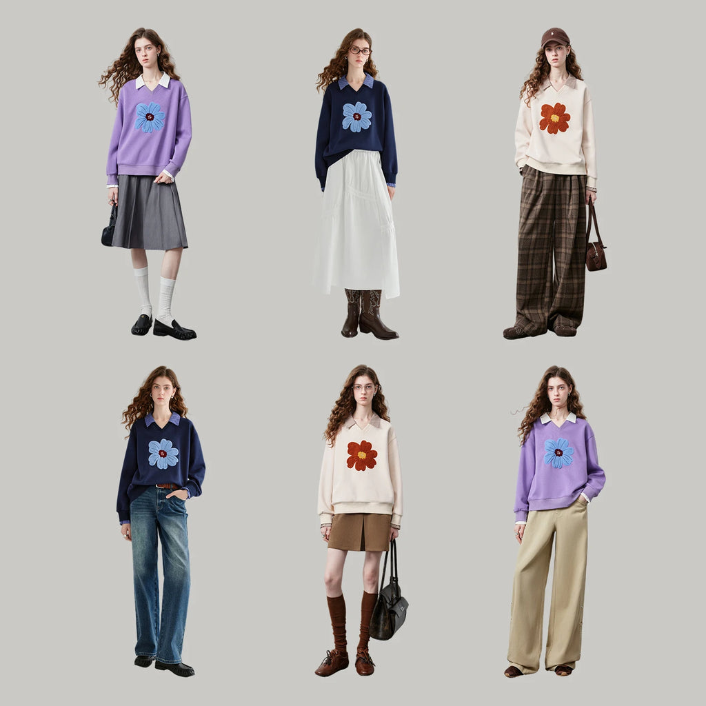 Floral Contrast-Collar Sweatshirt