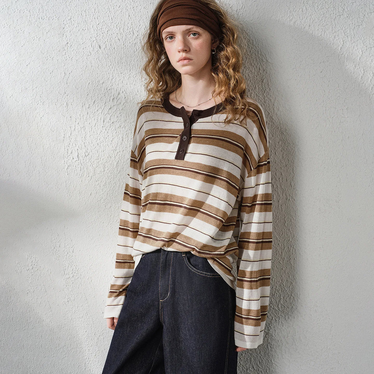 Striped Long-Sleeve Knit Henley