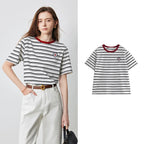Striped Contrast-Neck Crewneck Tee