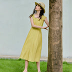 Square-Neck Gathered-Waist Midi Dress
