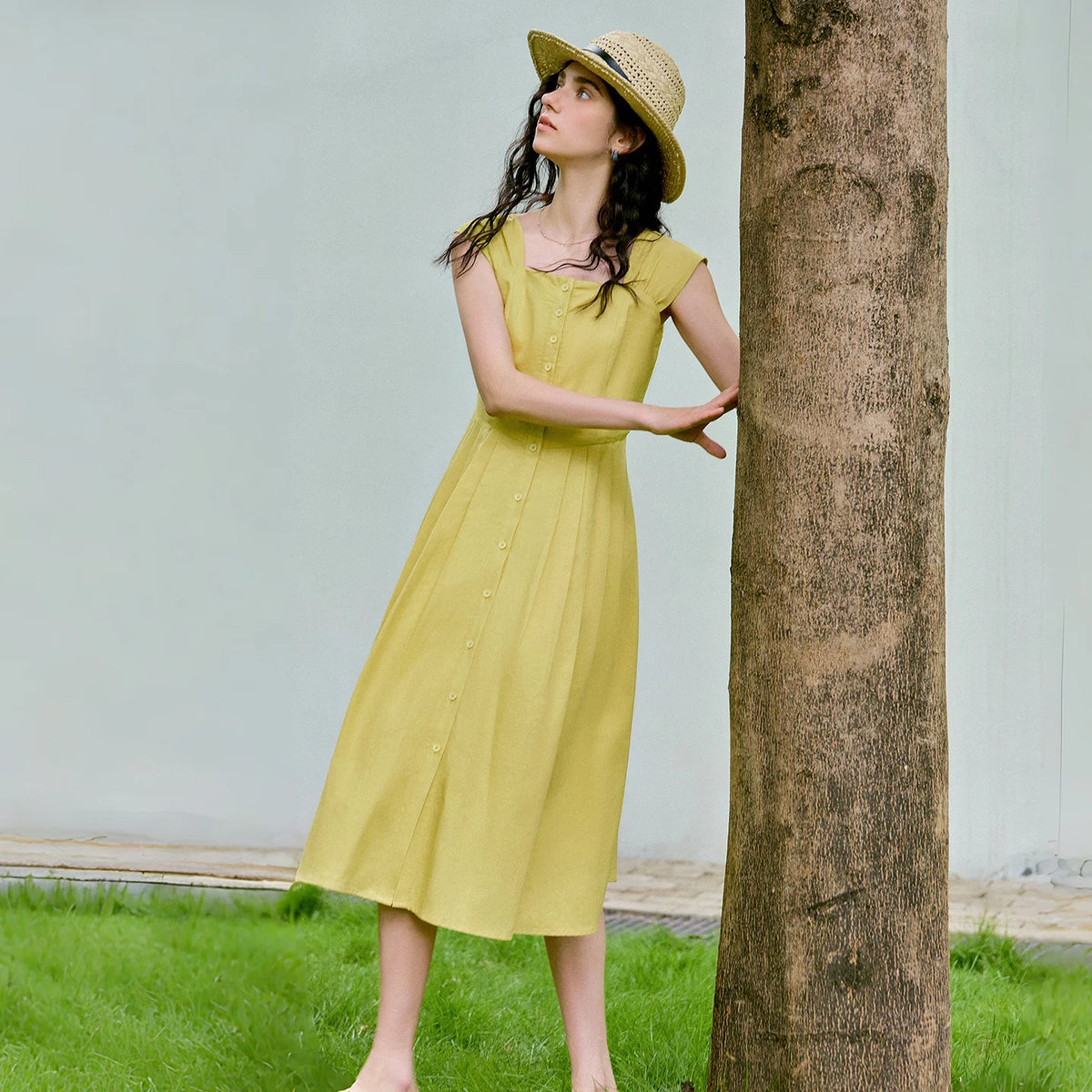 Square-Neck Gathered-Waist Midi Dress