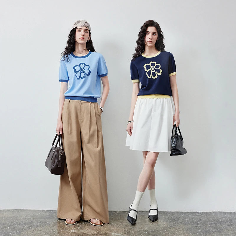 Flower-Motif Contrast-Trim Knit Tee