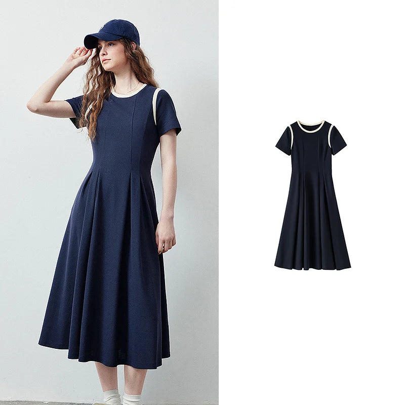 Short-Sleeve Pleated Midi Dress