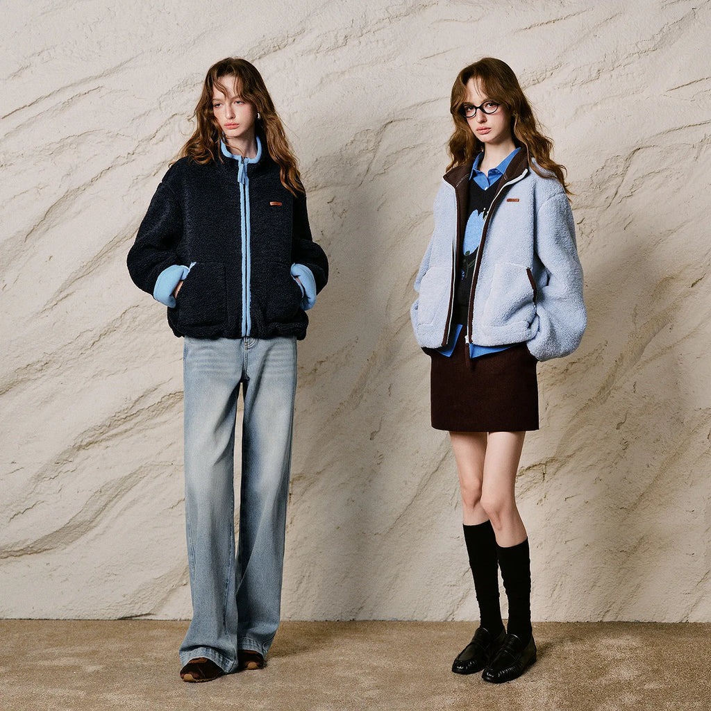 Contrast-Trim Textured Zip Jacket