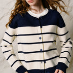 Contrast-Stripe Crewneck Cardigan