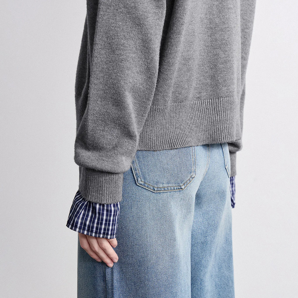 Plaid-Trim Crewneck Cardigan