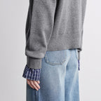 Plaid-Trim Crewneck Cardigan