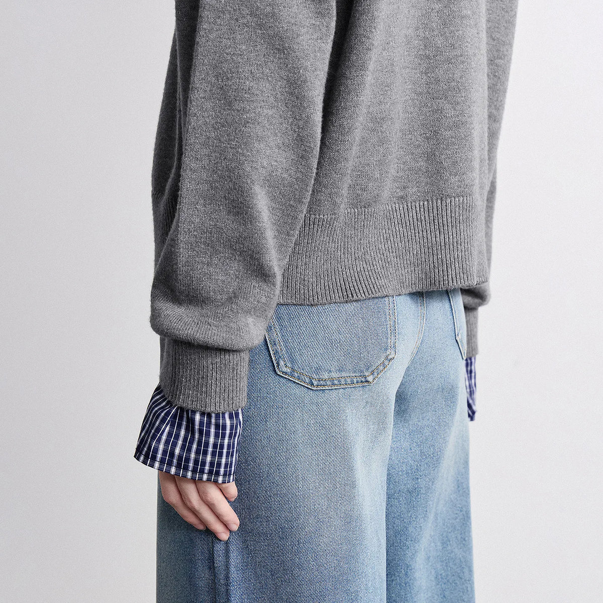 Plaid-Trim Crewneck Cardigan