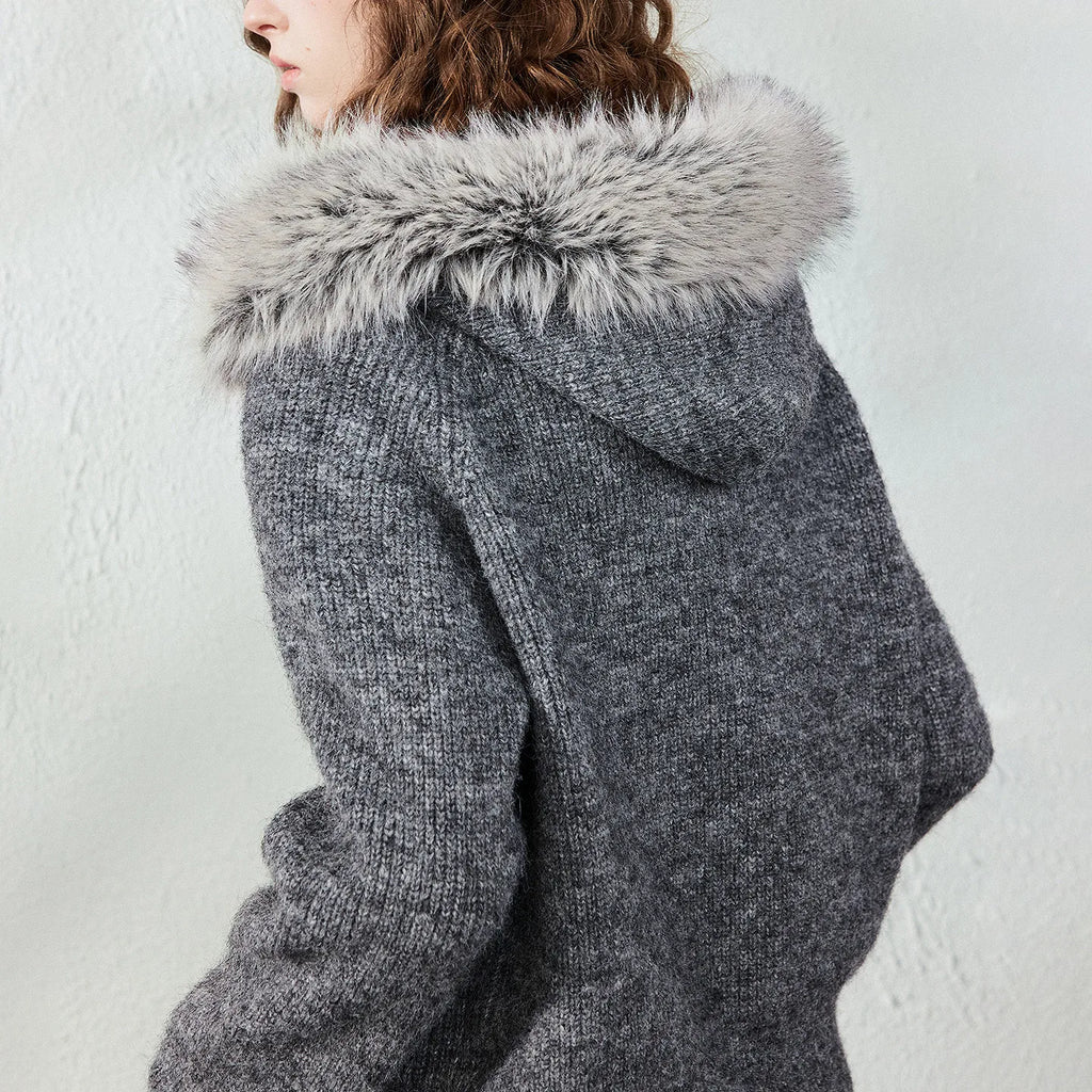 Fluffy-Trim Hooded Knit Cardigan