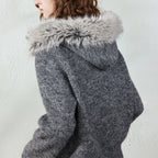 Fluffy-Trim Hooded Knit Cardigan
