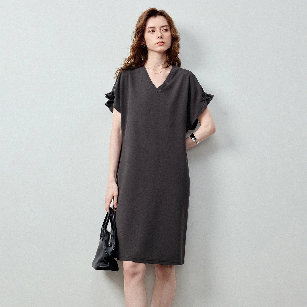V-Neck Ruffle-Sleeve Shift Dress