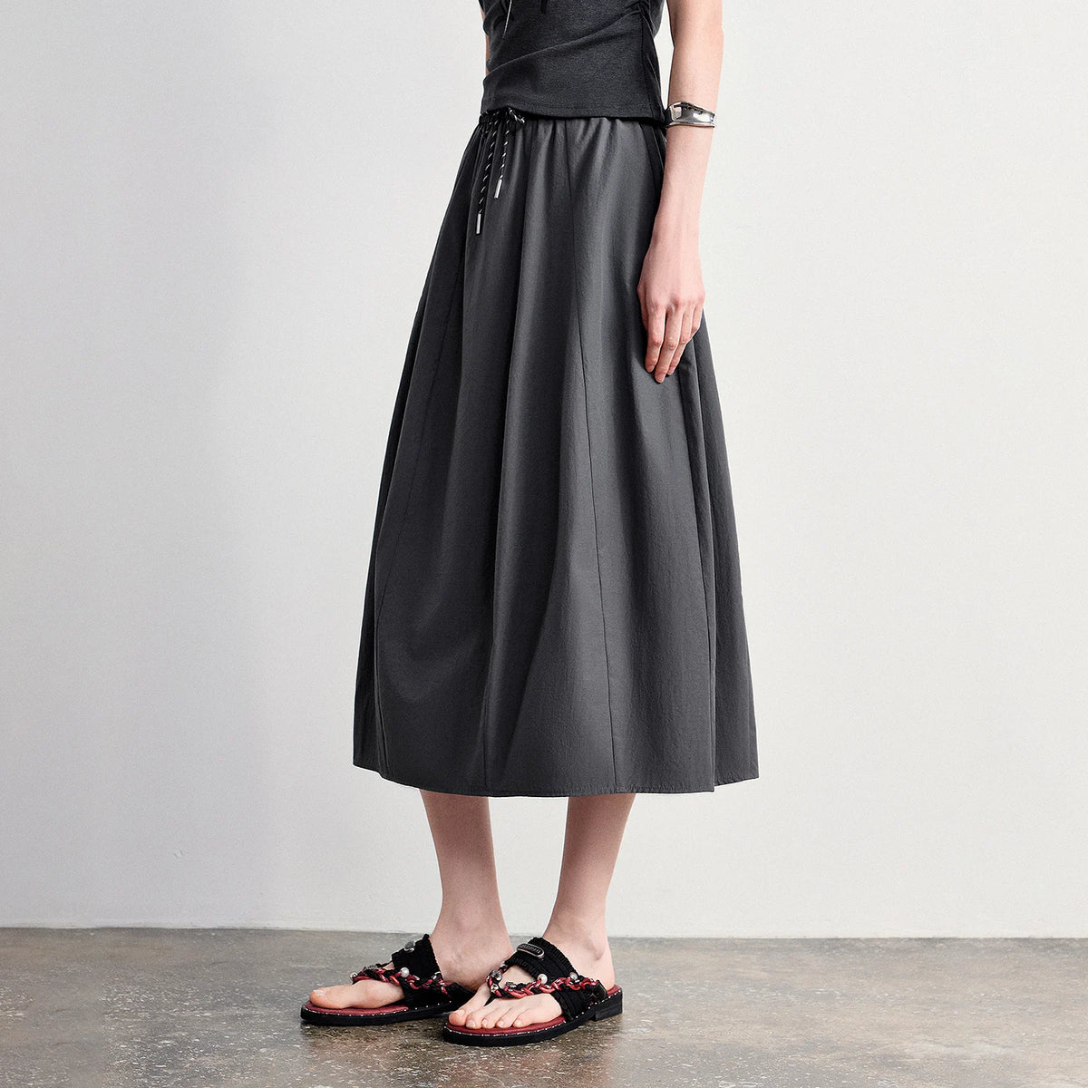 Drawstring A-Line Midi Skirt