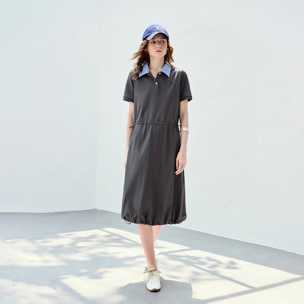 Contrast-Collar Drawstring Midi Dress