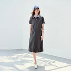 Contrast-Collar Drawstring Midi Dress