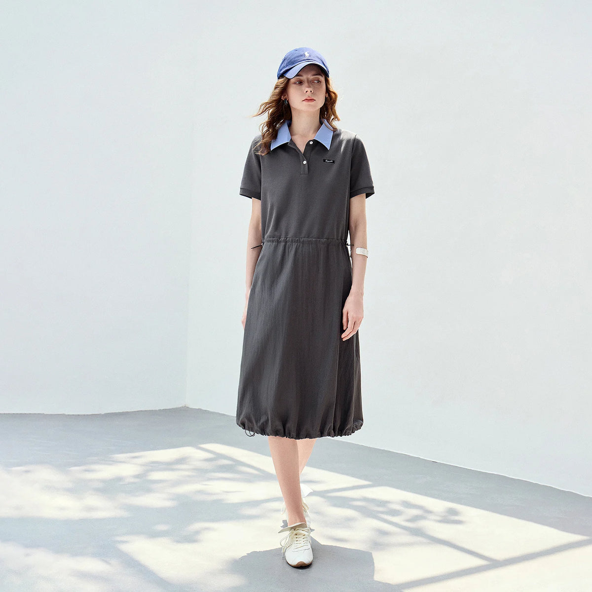 Contrast-Collar Drawstring Midi Dress