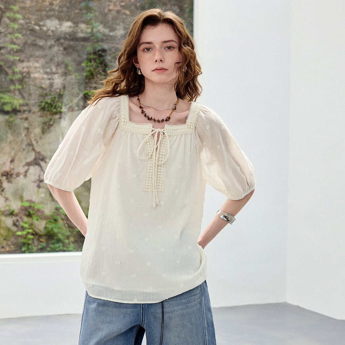 Square-Neck Puff-Sleeve Blouse
