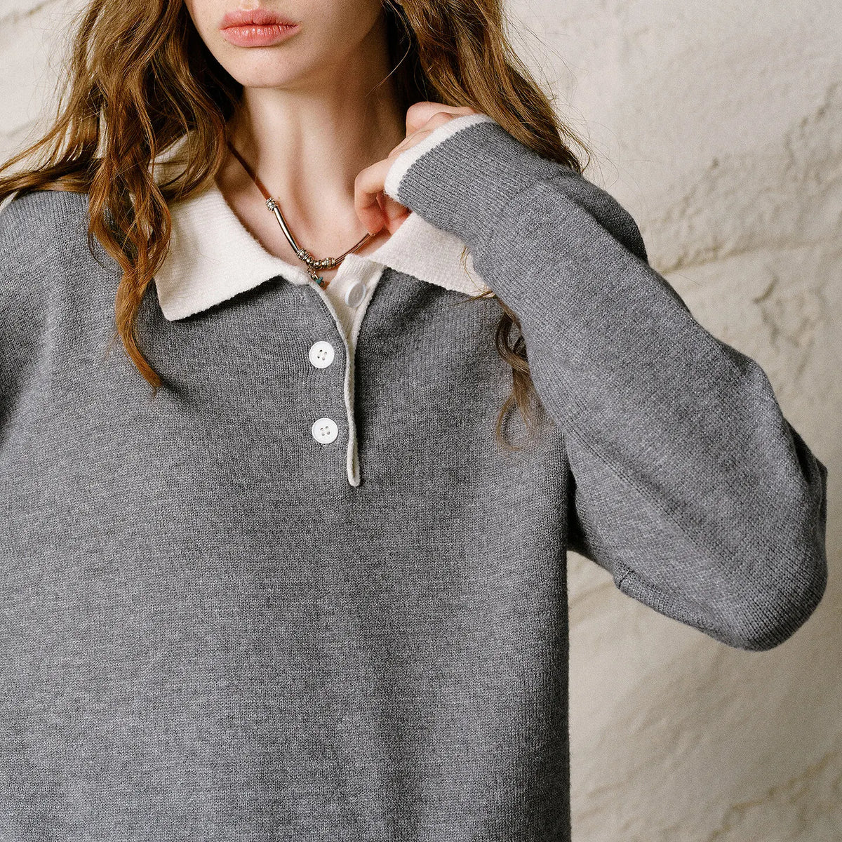Contrast-Collar Knit Pants Set