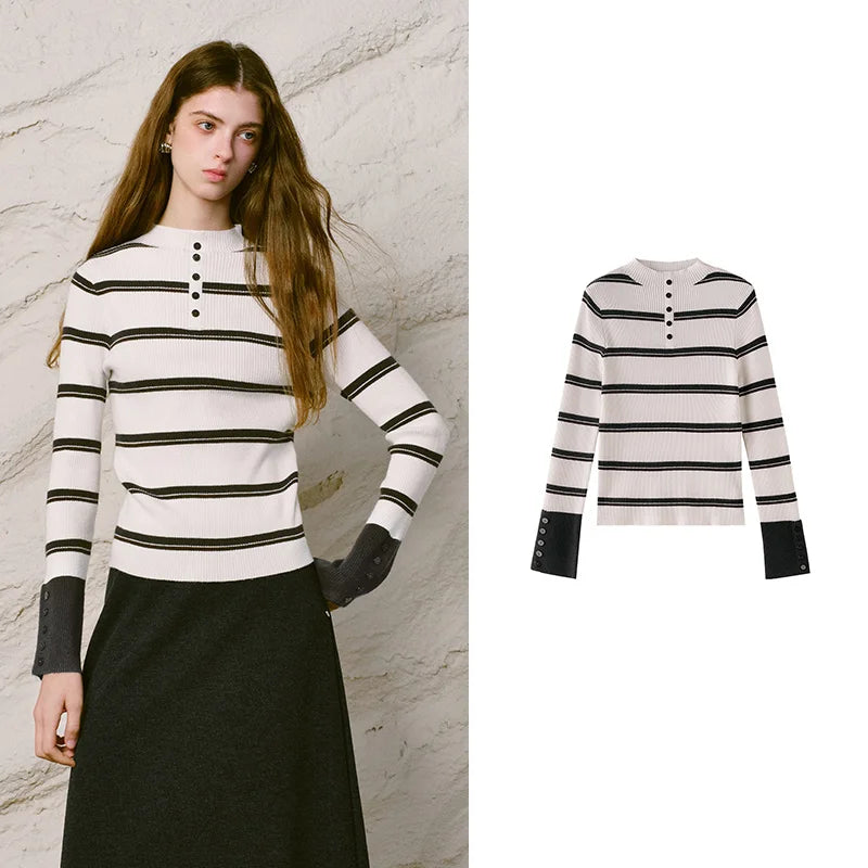 Striped Button-Neck Sweater