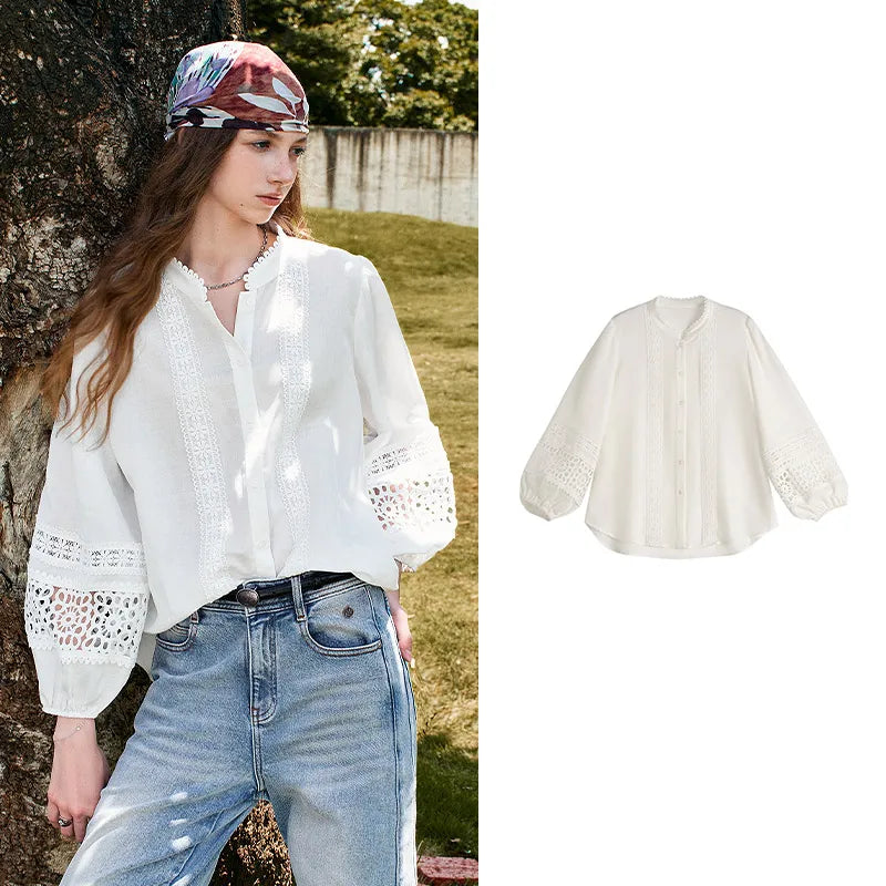 Lace-Trim Balloon-Sleeve Blouse