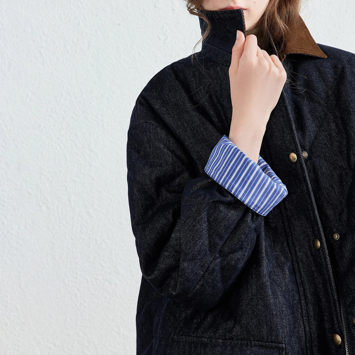 Striped-Cuff Padded Denim Jacket