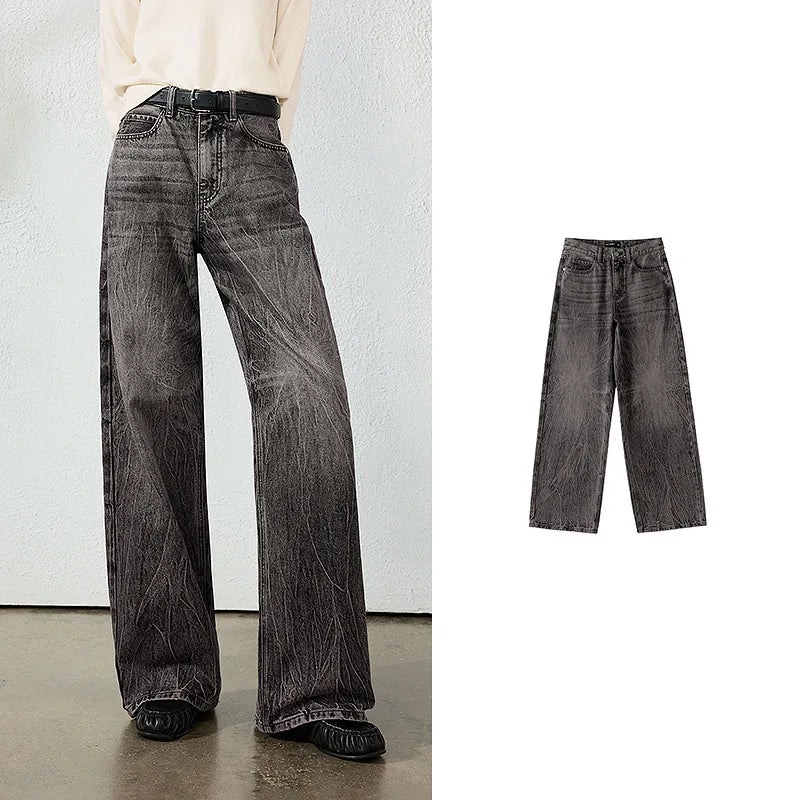 Crackled-Wash Wide-Leg Jeans