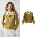 Contrast-Collar Button-Up Knit Cardigan