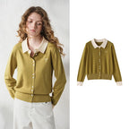 Contrast-Collar Button-Up Knit Cardigan