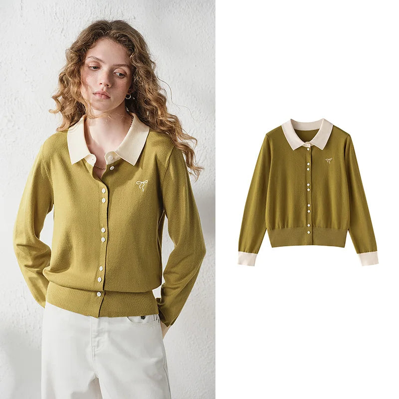 Contrast-Collar Button-Up Knit Cardigan