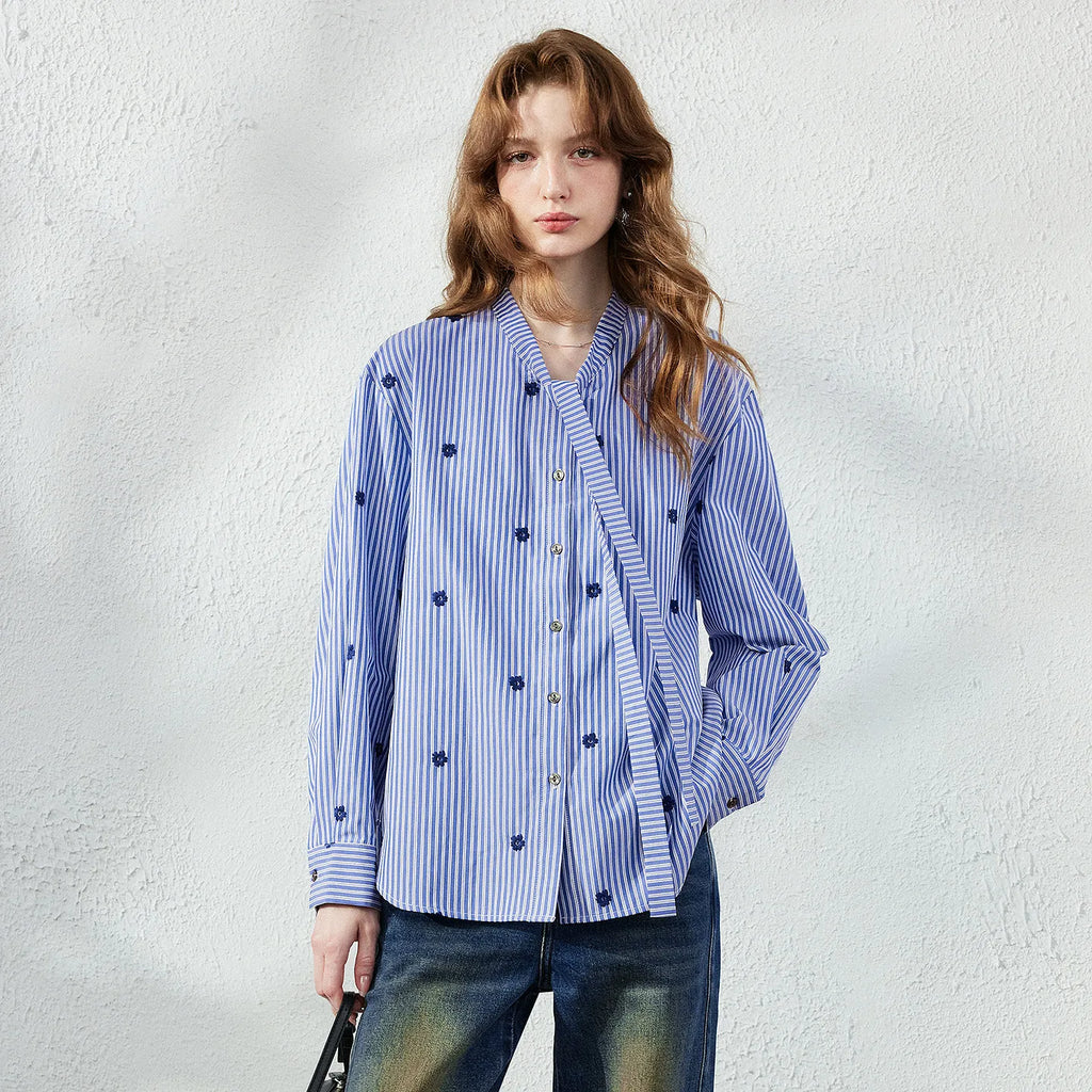 Striped Tie-Neck Button-Up Blouse