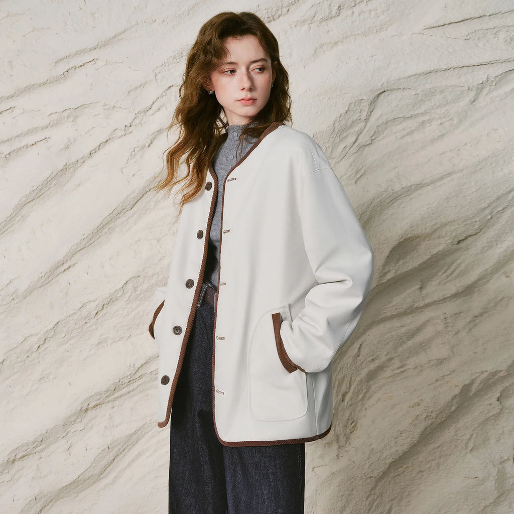 Contrast-Trim Button-Front Jacket