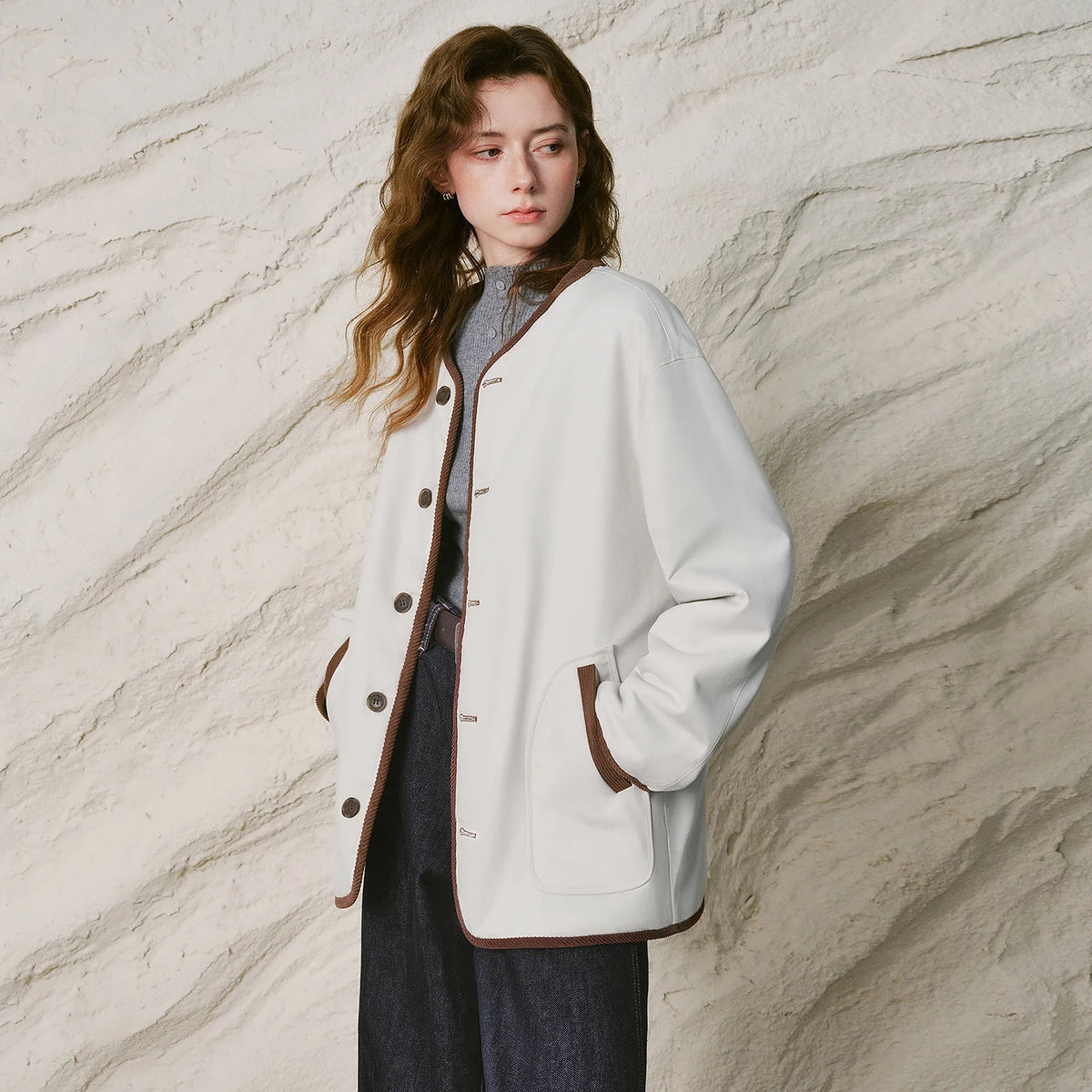 Contrast-Trim Button-Front Jacket