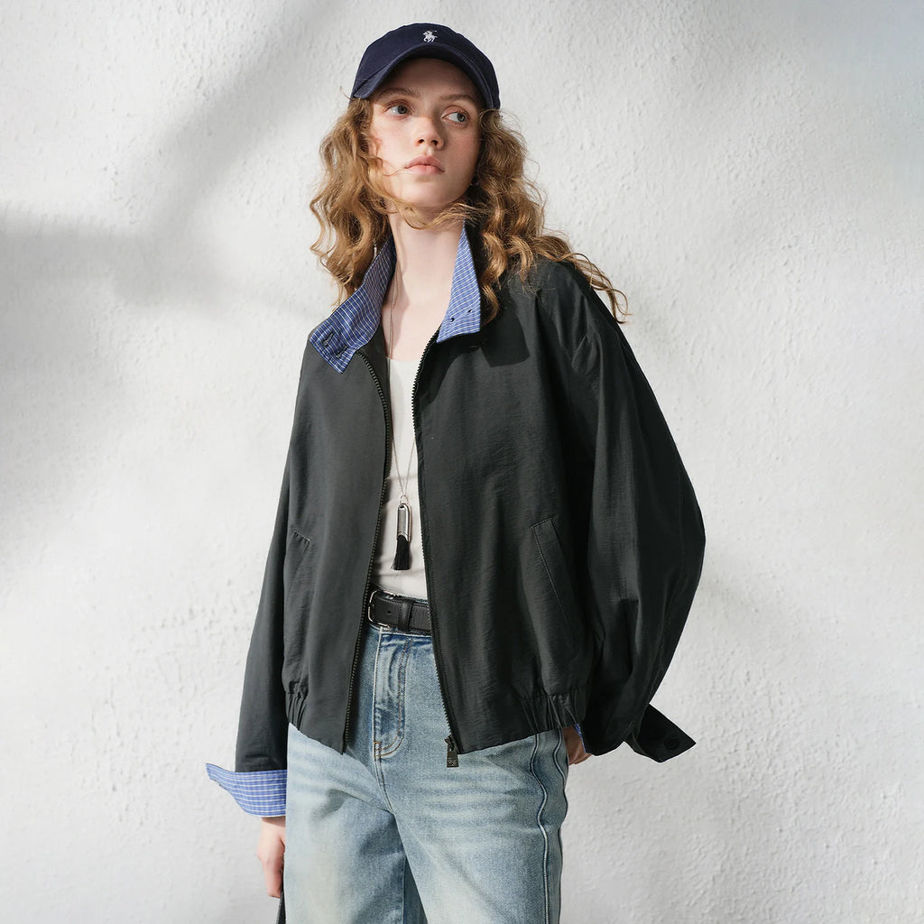 Contrast-Trim Zip-Up Jacket