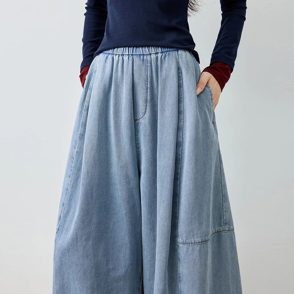 Elastic-Waist Cropped Wide-Leg Jeans