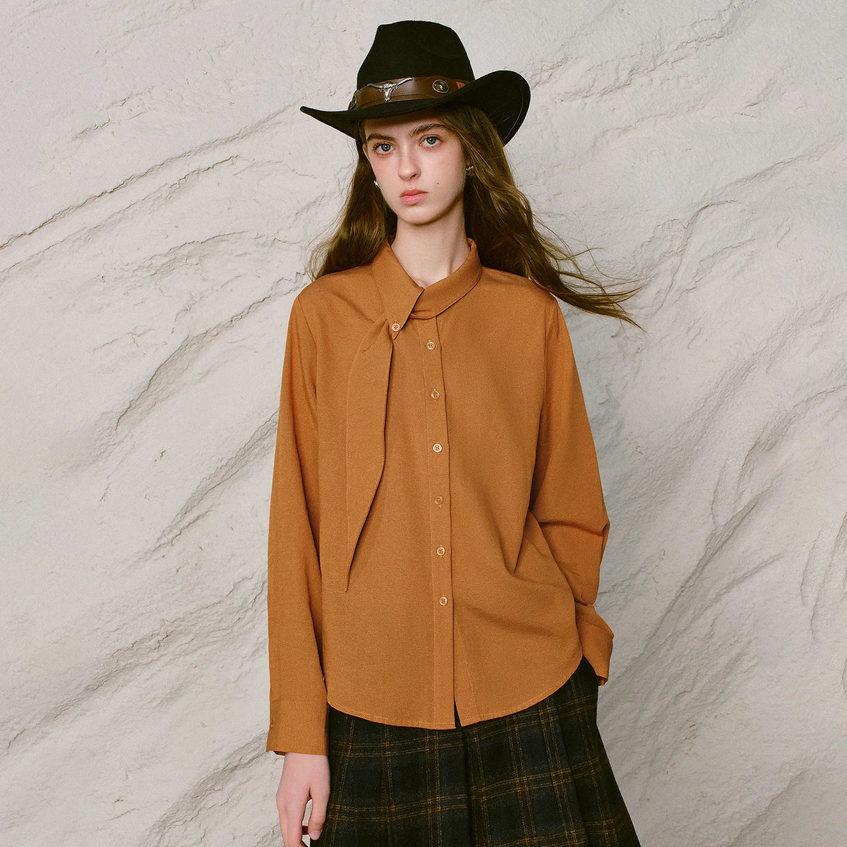 Rounded-Collar Long-Sleeve Blouse
