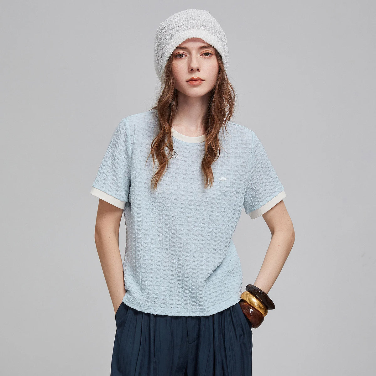 Textured Contrast-Trim Crewneck Tee